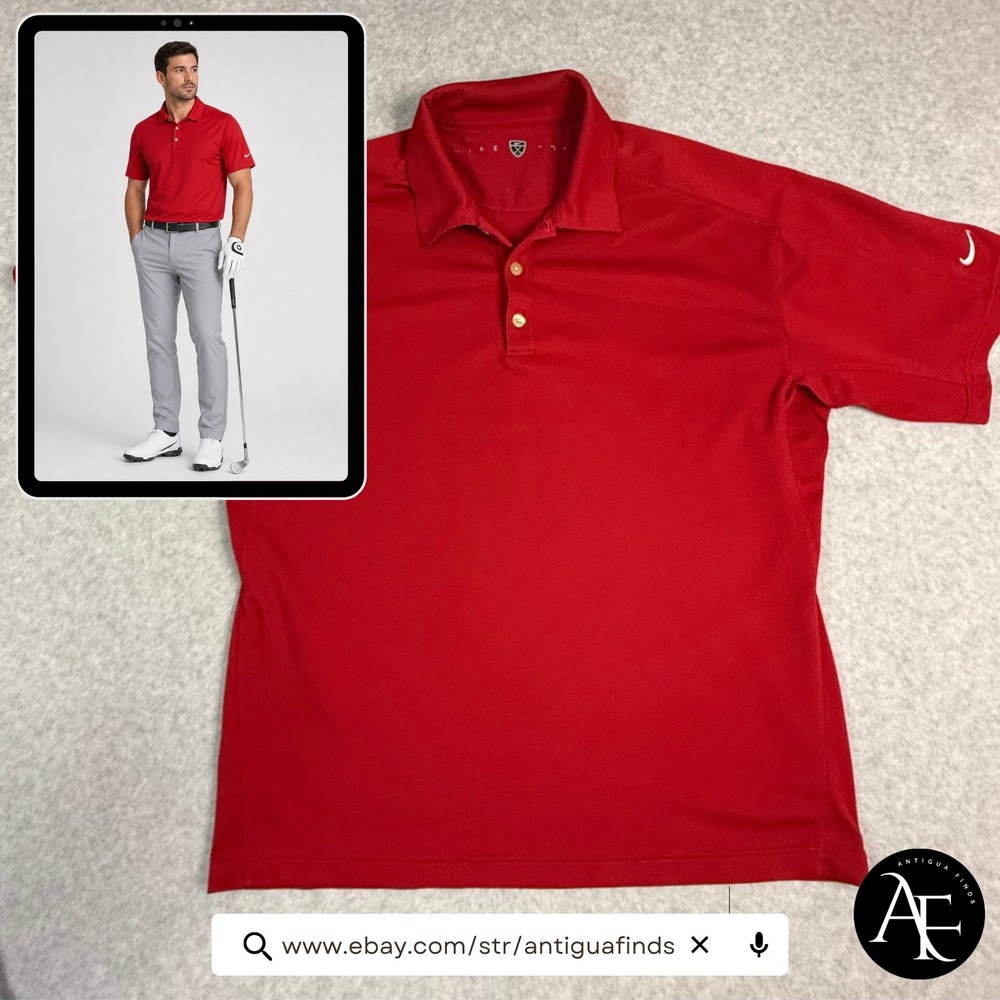 Nike Golf Mens Red Short Sleeve Polo Shirt Textured Performance Top Size L‎